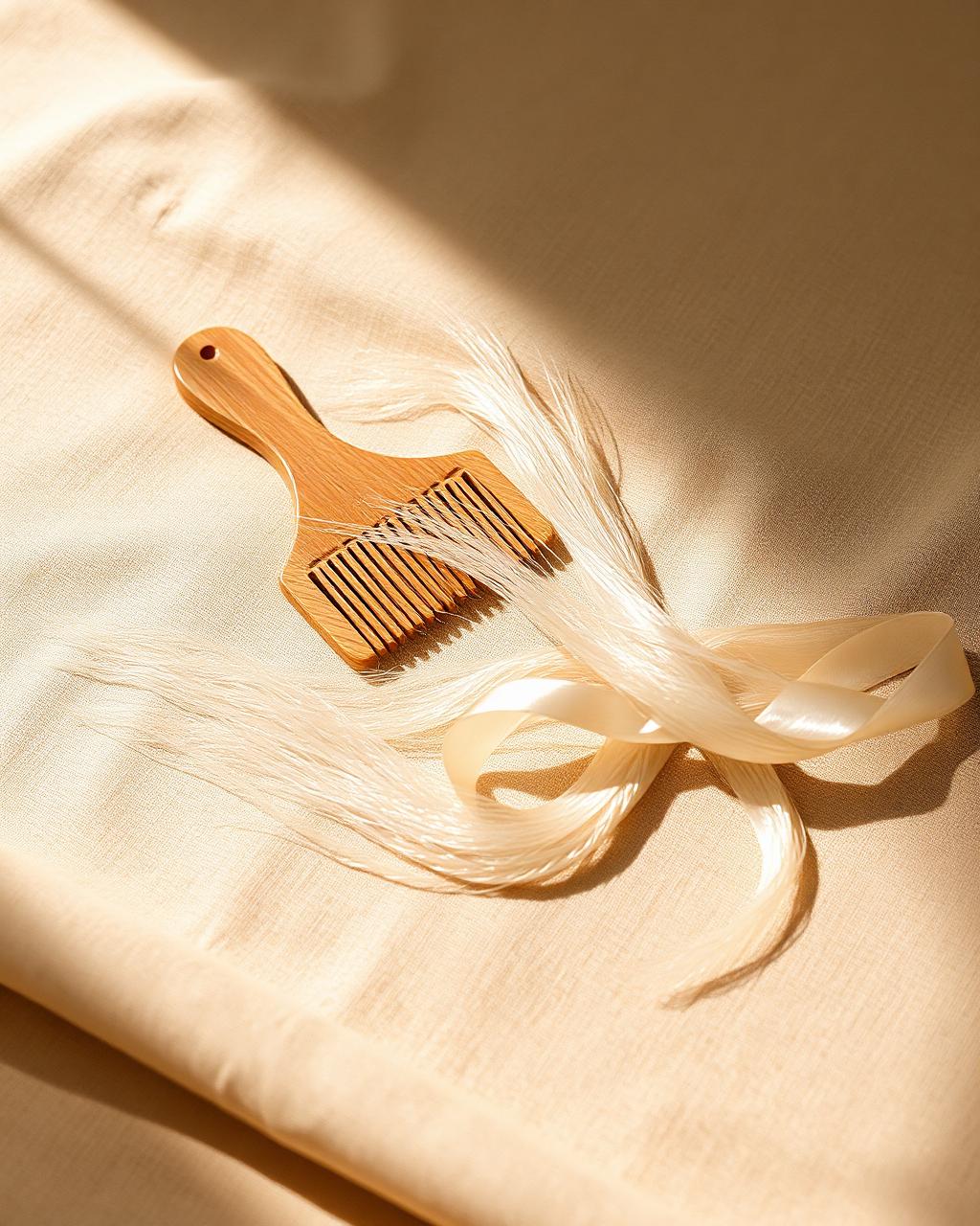 Wooden comb and fine pale strands resting on warm linen