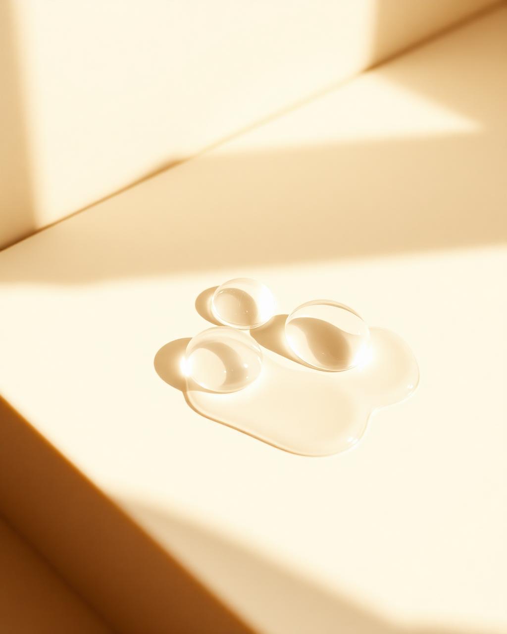 Clear gel droplets catching soft daylight on a cream surface