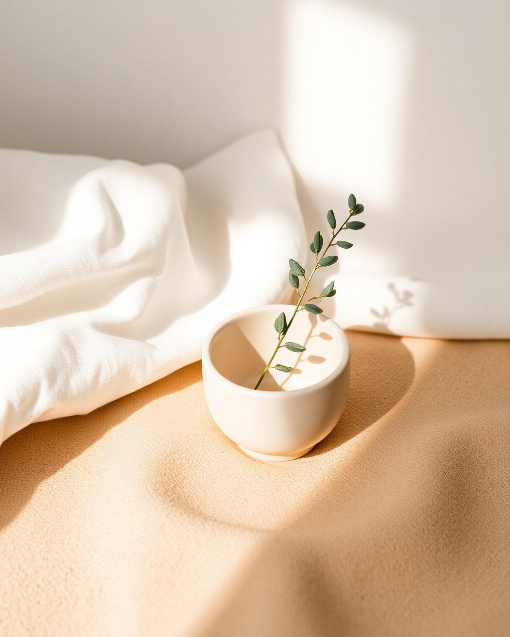 Ceramic vessel and eucalyptus sprig in soft morning light